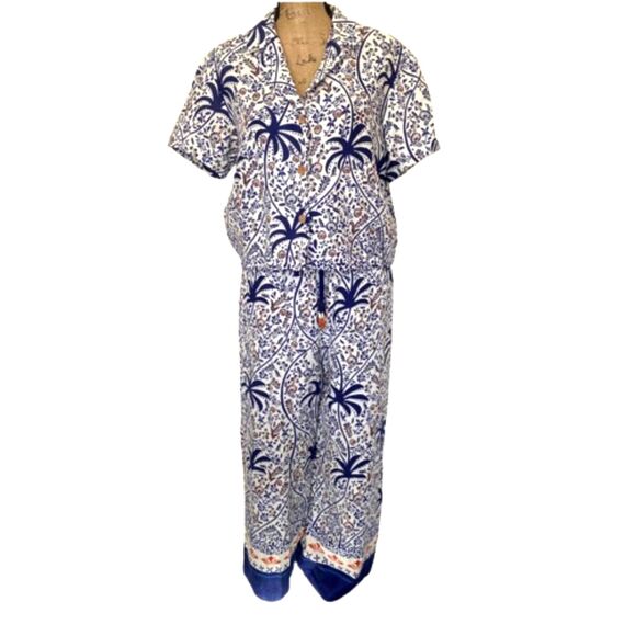 Joie Linen Blend Matching Set Palm Tree Batik Bohemian White Blue Size Large - Picture 1 of 6